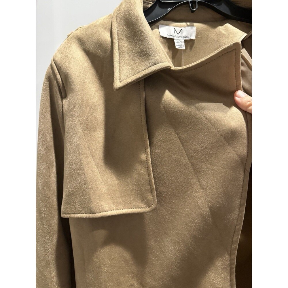 Magaschoni Open Front Faux Suede Leather Coat Jacket Stone Beige Size 12 - Picture 3 of 10